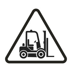 Triangle safety sign icon of black pictogram forklift with fork, wheel, steering wheel, for industrial vehicle caution alert  +0000