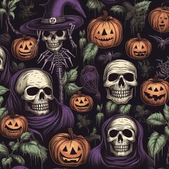 a black background with colorful pumpkins and skull heads on them