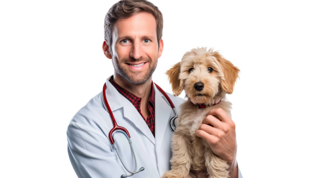 Doctor with dog for pet health checkup ontransparent background.