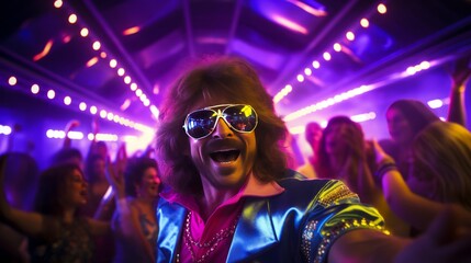 Happy young man dancing on a disco themed costume party in a neon - lit discotheque - obrazy, fototapety, plakaty