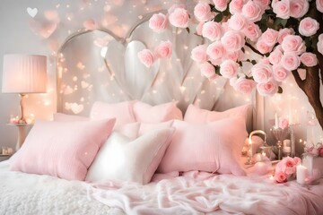 Valentine s surprise in bed with pink roses white crochet cardigan white pillows silver lamp and tree backdrop in soft colors