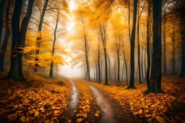 Beautiful, foggy, autumn, mysterious forest with pathway forward. Footpath among high trees with yellow leaves