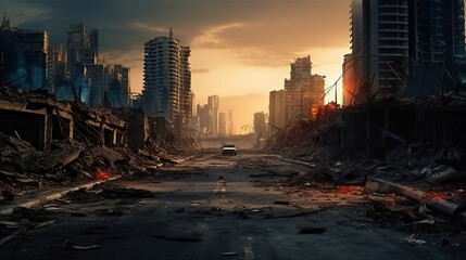 Empty street of burnt up city. Apocalyptic view of city downtown as disaster film poster concept. City destroyed by war. - obrazy, fototapety, plakaty