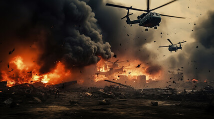 Military forces and helicopters between fire and bombs in battle field. - obrazy, fototapety, plakaty