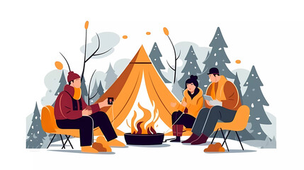 happy family winter holiday camping at campfire, sitting around bonfire outdoors. Flat graphic vector illustration isolated on white background.