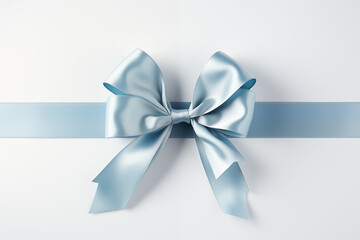 Elegant Light Blue Satin Ribbon Bow on White Background.