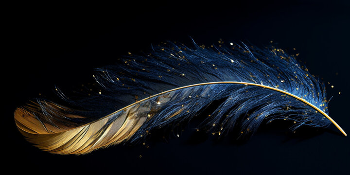 Background of Abstract Glitter Lights. and Feather. Blue, Gold and Purple. De Focused Feathers. Quill or Plume. Luxurious Premium Seamless Banner Tile.. 