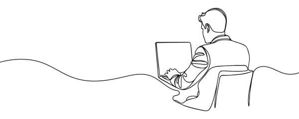 Man, guy sitting at a laptop at a table drawn with one line. Vector illustration