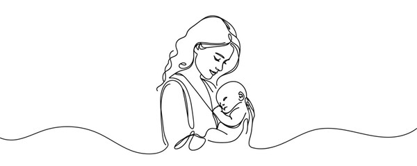 Happy Mother's Day card. Woman holding baby in one line style. Vector illustration