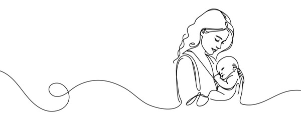 Happy Mother's Day card. Woman holding baby in one line style. Vector illustration
