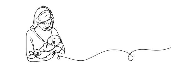 Happy Mother's Day card. Woman holding baby in one line style. Vector illustration