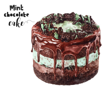 Watercolor illustration o mint chocolate cake dessert close up. Design template for packaging, menu, postcards.