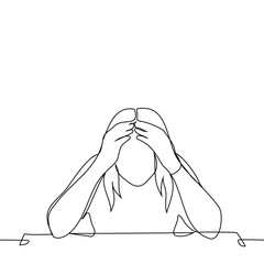 woman sitting at the table clutching her forehead - one line art vector. concept crisis, despair, confusion, madness, fatigue, burnout, depression