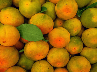 Top view of tangerines being sold on the counter. Leaf detail is an appetizing photo.
