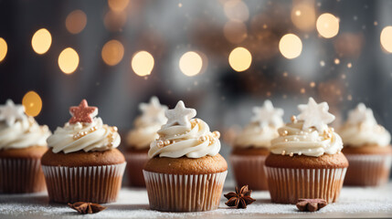  Gingerbread cupcakes for Christmas with gingerbread cookies and buttercream frosting with bokeh background