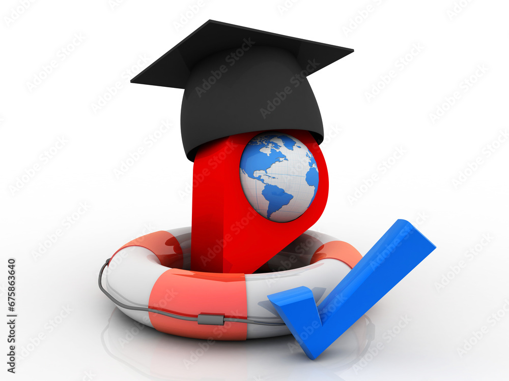 Poster 3d rendering graduate cap in red map pointer in life belt
