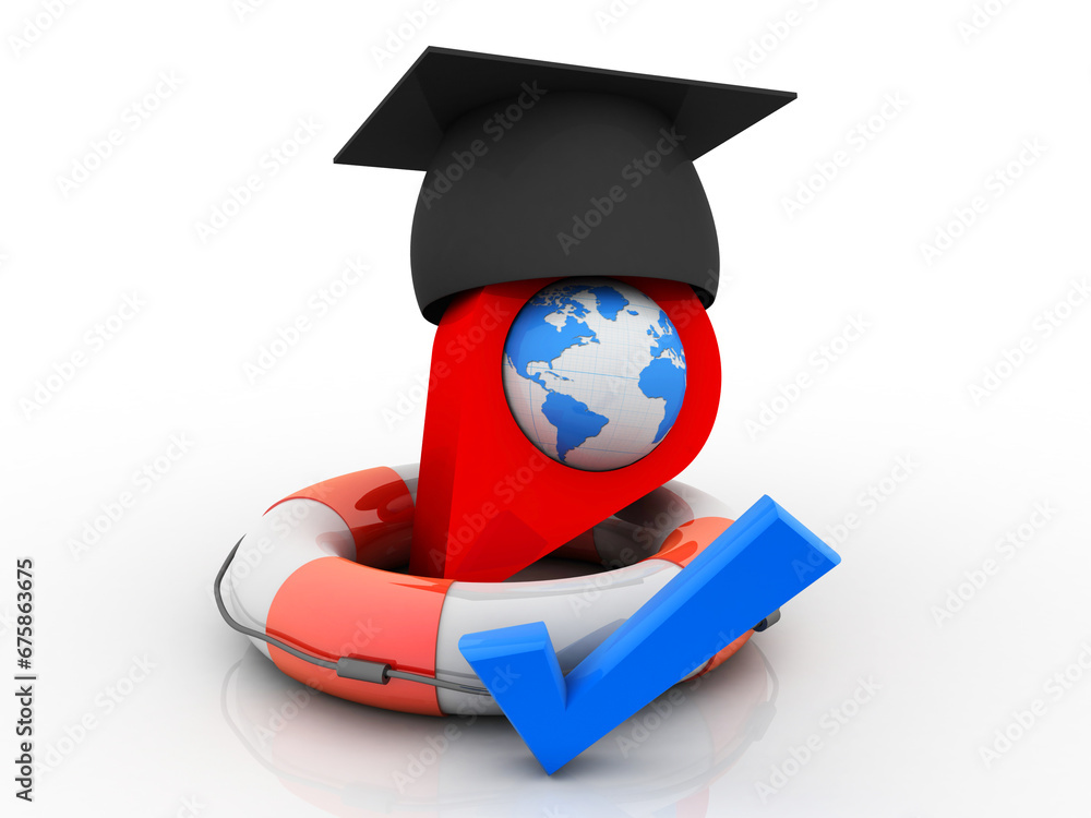 Poster 3d rendering graduate cap in red map pointer in life belt
