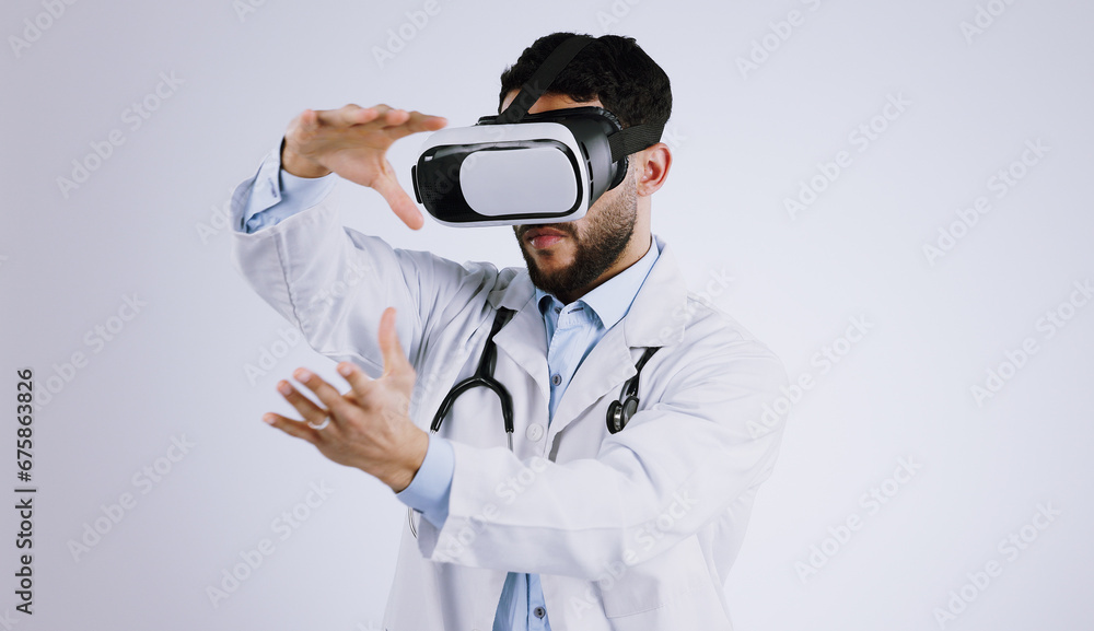 Aufkleber man, doctor and vr or futuristic glasses with healthcare software, metaverse vision and user experie