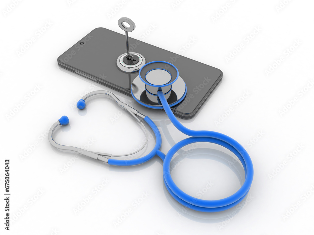 Aufkleber 3d rendering mobile phone protected key with stethoscope
