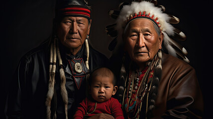 Two Native American elders with a child in their arms