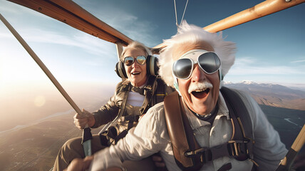 Two elderly people flying in a small plane