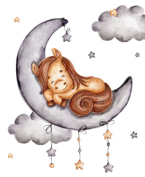 Cute little horse sleeps on grey moon; watercolor hand drawn illustration