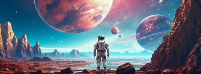 Astronaut looks at the new world. Retro futuristic illustration in 80s style. Unexplored new world. Fantastic landscape. Breathtaking panorama of an alien planet. Exploration of the unknown.