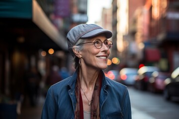 Portrait of smiling mature woman in hipster hat and eyeglasses in the city.
