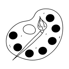 Palette with paints and brush. Hand drawn doodle style. Vector illustration isolated on white. Coloring page.