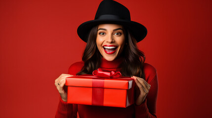 Portrait of an excited young woman wearing hat, red and holding gift box celebrating new year, over red wall, well lit room, studio light