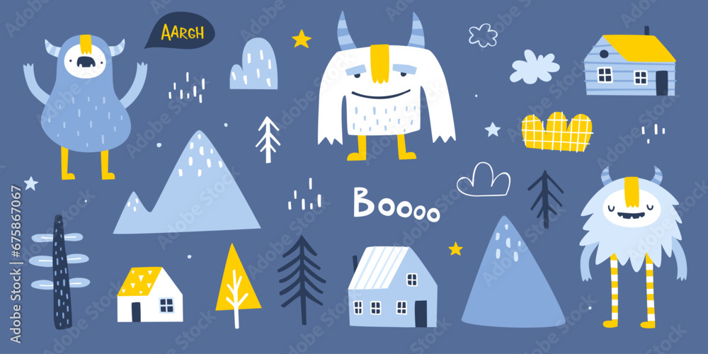 Poster nordic set with cute yeti and landscape elements. scandinavian vector collection of naive doodle yet