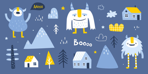 Nordic set with cute yeti and landscape elements. Scandinavian vector collection of naive doodle yeti for kids. - obrazy, fototapety, plakaty