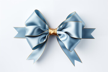 Luxurious Light Blue Satin Bow with Golden Trim on White Background.