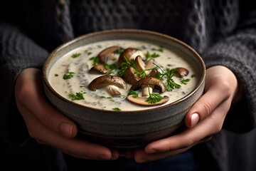 Warm and comforting cream of mushroom soup with fresh parsley, perfect for a cozy evening