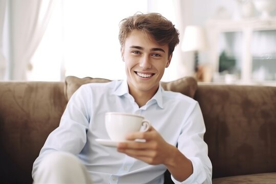 Close up of a young men holding coffee cup in the morning sitting on sofa white background.