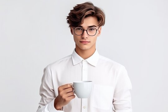 Close up of a young man holding coffee cup in the morning on white background