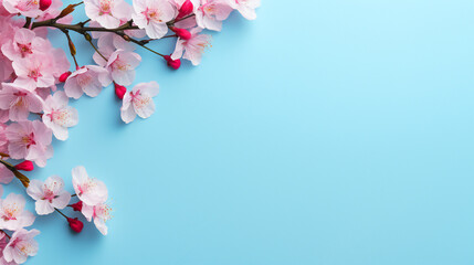 Fototapeta na wymiar Romantic mockup with pink sakura blossom branches on blue background. Cosmetic product mockup with cherry blossom. Generation AI