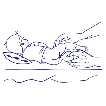 Baby showing his ass and hand holds the enema for a child medicine, hand holding an enema syringe. Pencil drawing on a theme medicine.