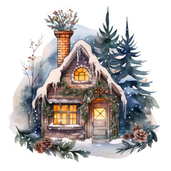 Fototapeta premium Watercolor winter house, christmas illustration, png