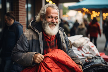 a smiling homeless man is holding a red blanket outdoor.