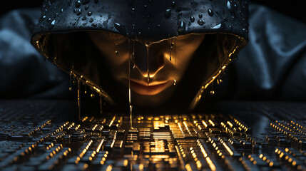 Golden hacker in a dark room, with laptop and table melting in front of the pc screen