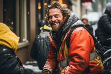 Fototapeta premium a smiling homeless man sits outside during the snowfall
