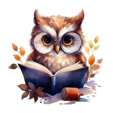 Watercolor cute owl with glasses reading book, isolated, png