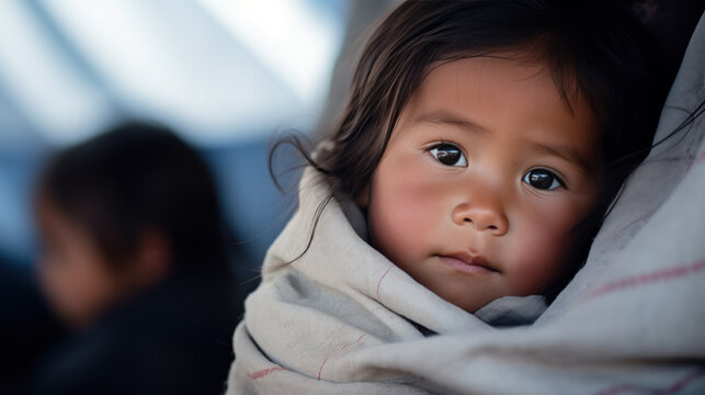 jeune enfant d'origine asiatique blotti dans les bras d'une autre personne regardant vers le spectateur, regard intense et beau