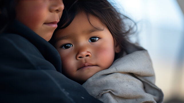 jeune enfant d'origine asiatique blotti dans les bras d'une autre personne regardant vers le spectateur, regard intense et beau