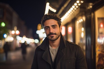 Portrait of young handsome man at night in european city