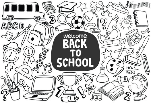 Set of back to school doodle elements isolated on white background.