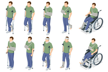 Fototapeta premium Isometric man with injury, medical treatment and fixation of broken bones, with bandage and plaster. The male character on a wheelchair. Rehabilitation, Healthcare and Medicine. Health insurance cover