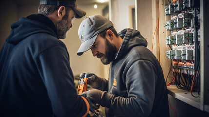 Two skilled and professional electricians working together on the electrical installation of a house undergoing renovations. Generation AI