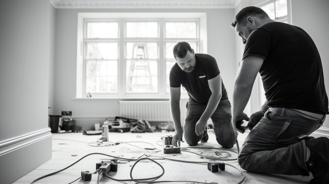 Two skilled and professional electricians working together on the electrical installation of a house undergoing renovations. Generation AI